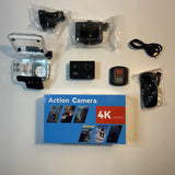 4K action camera kit with waterproof housing, mounts, and USB cable