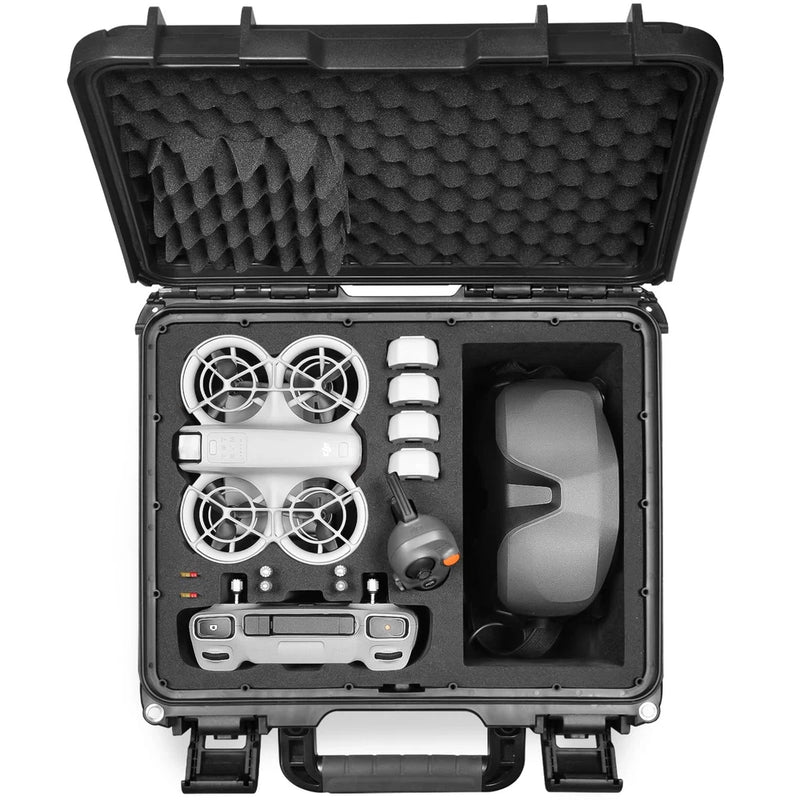Black waterproof hard carrying case with molded foam inserts, open lid view