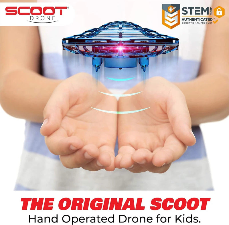 Blue hand-operated drone with glowing front lights, held above open hands