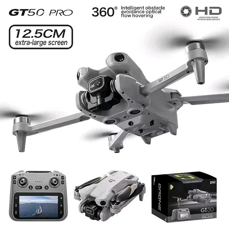 Gray 4K quadcopter drone with 3-axis camera, propeller arms, and controller