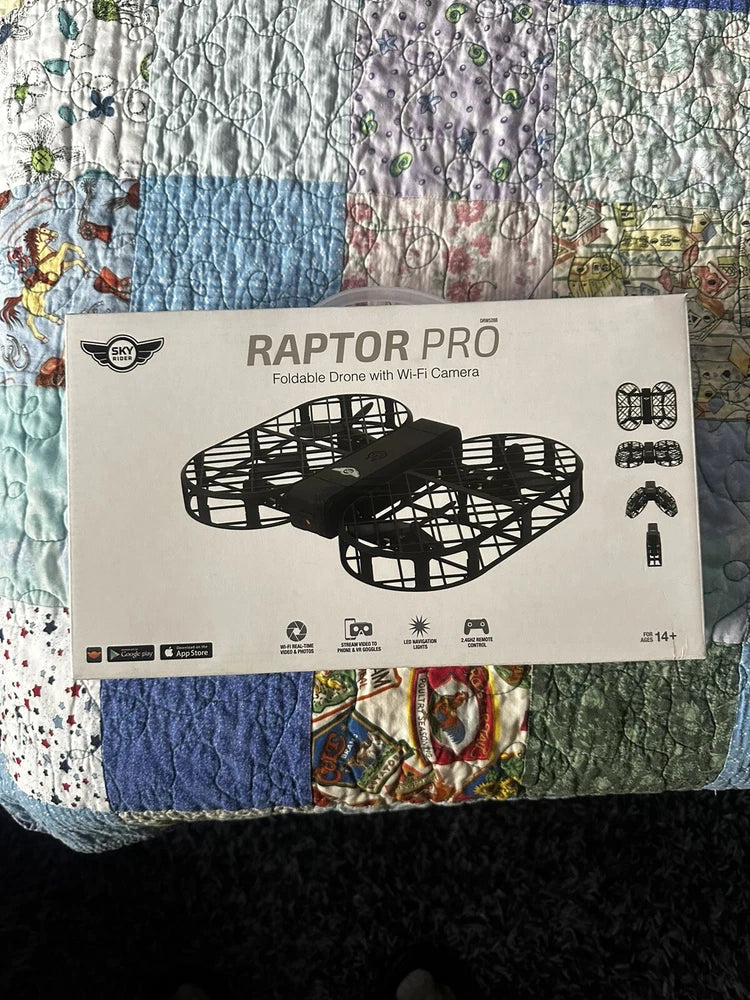 Foldable drone product box with Raptor Pro branding and top-down drone graphic