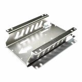 Aluminum battery holder bracket with mounting holes and side straps, dark metallic finish