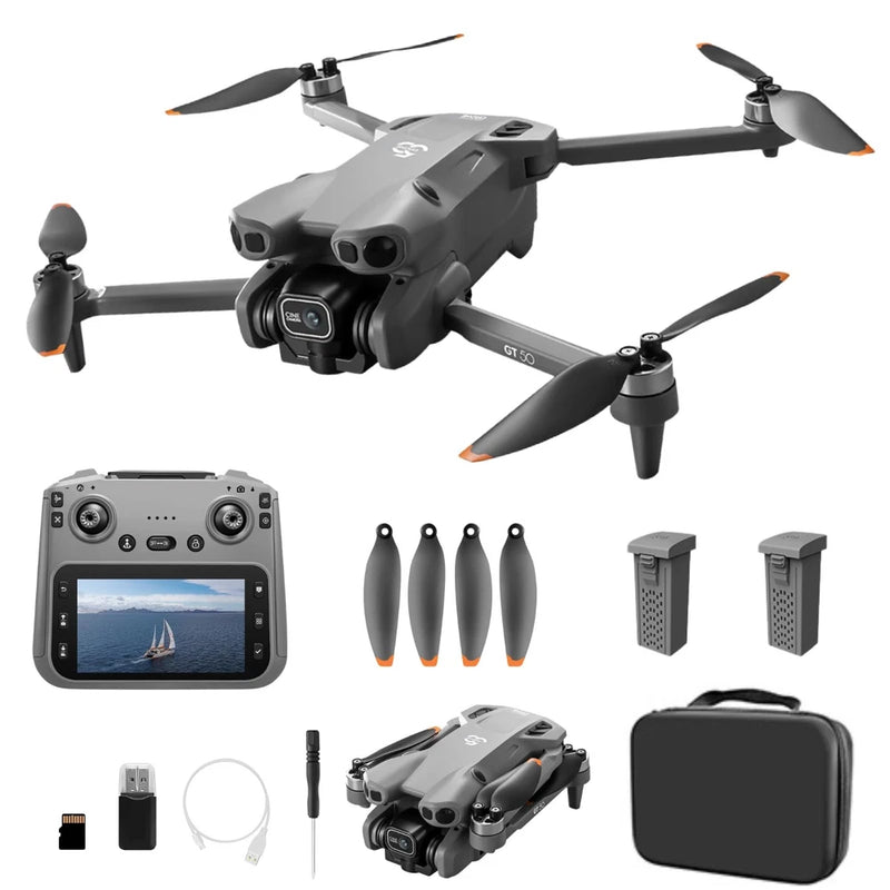 Blue quadcopter drone with dual camera, remote controller, extra batteries and props