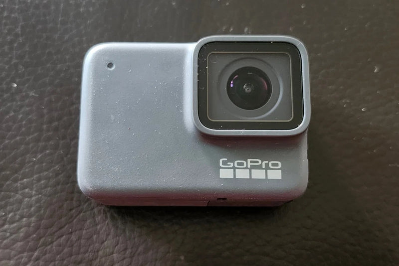 Silver GoPro Hero 7 action camera with front lens and GoPro logo
