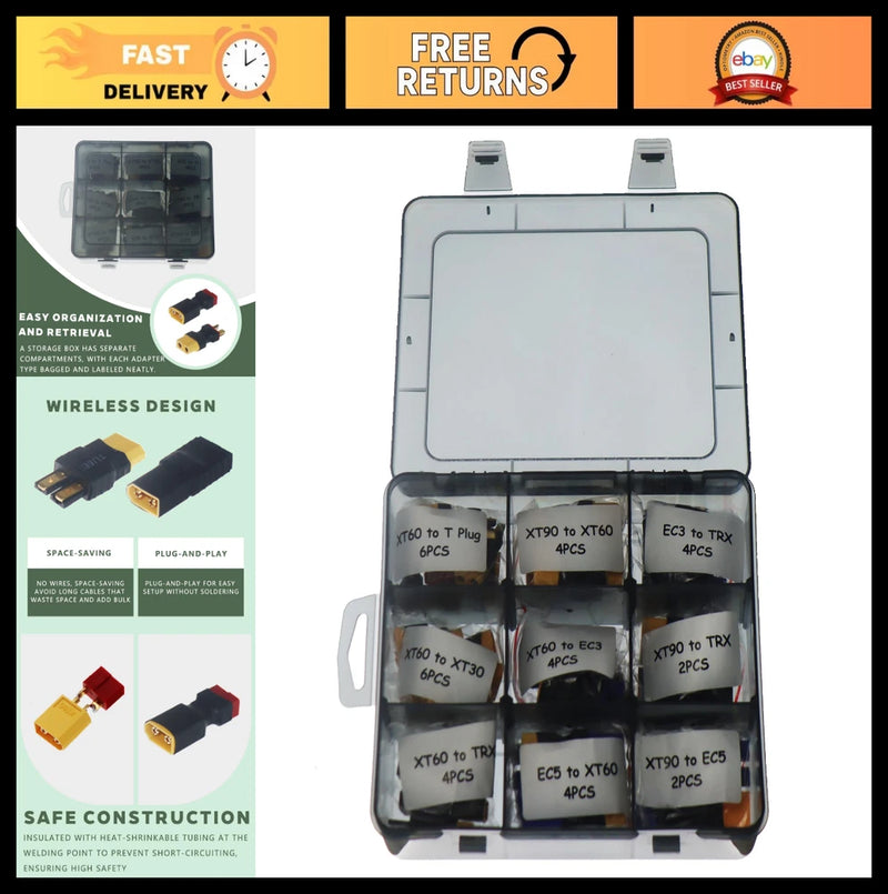 36PCS RC Battery Adapter Kit - T Plug, XT30, XT60, EC3, EC5 Connectors, Solderle Battery