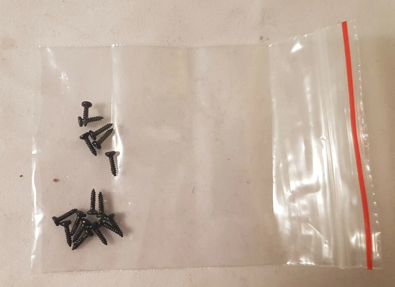 Set of black replacement drone body screws in clear plastic bag