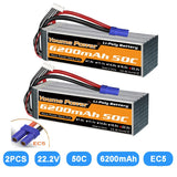 Two Youme Power 22.2V 6200mAh Li-Po RC batteries with blue EC5 connectors and red/black leads