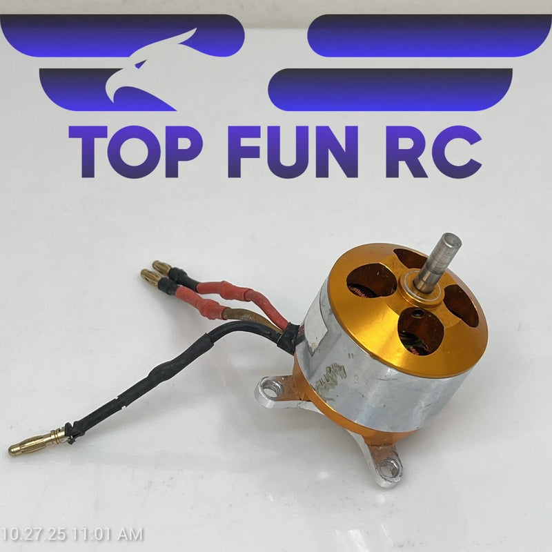 RC brushless outrunner motor with gold aluminum housing and wiring harness