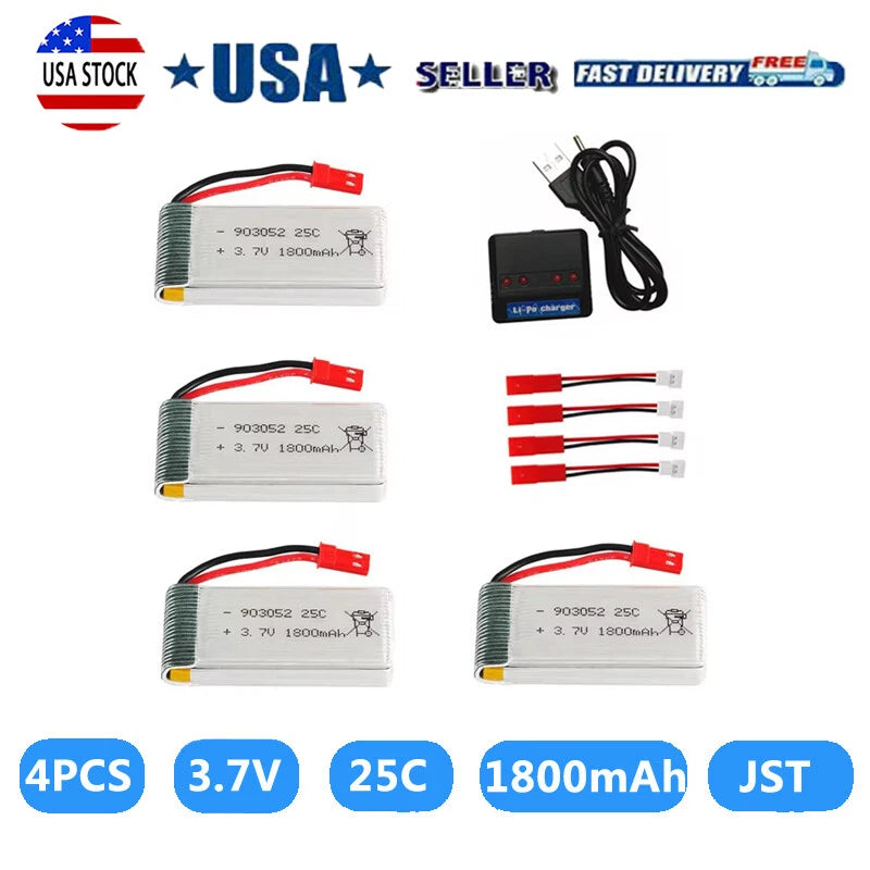 4Pcs 1800mah 3.7V Lipo Battery JST Plug with USB Charger for RC Quadcopter Drone