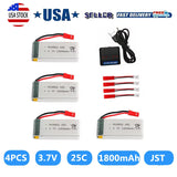 4Pcs 1800mah 3.7V Lipo Battery JST Plug with USB Charger for RC Quadcopter Drone