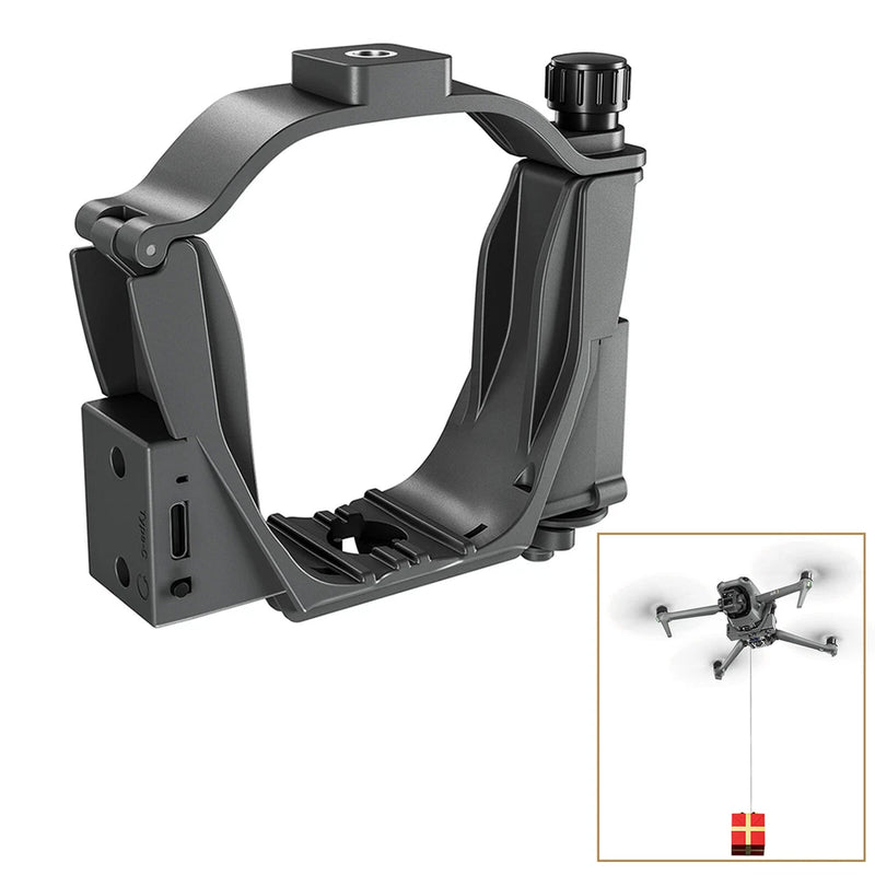 Drone dropper dispenser bracket accessory with mounting clamp and control module