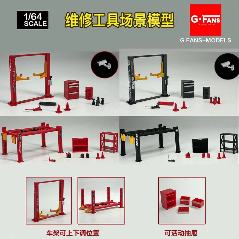 1:64 car repair tool set with lift frame, tool parts, and red accessories