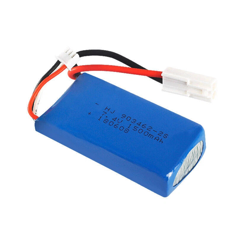 Blue 2-cell LiPo RC battery pack with balance lead and white plug connector