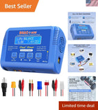 Blue RC LiPo battery charger/discharger with cooling fan, ports, and multi-connector leads