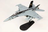 Light gray EA-18G Growler model aircraft on black display stand, side view