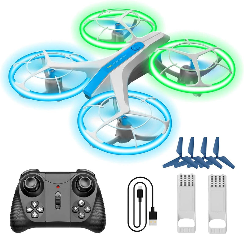 Kids remote control mini drone with blue/green LEDs, handheld controller, extra blades, batteries