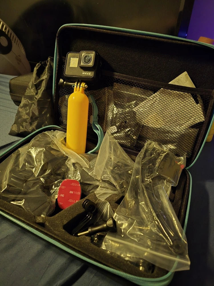 GoPro HERO7 Black action camera kit in open hard case with accessories