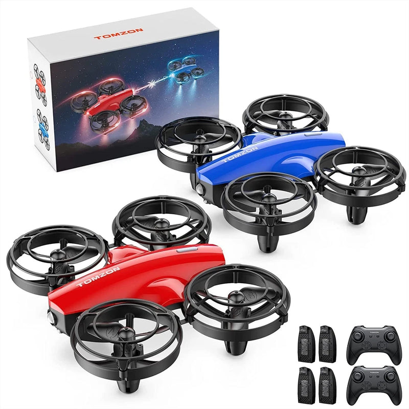 Quadcopter toy drone set with four rotors, blue and red bodies, remote controllers