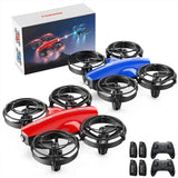 Quadcopter toy drone set with four rotors, blue and red bodies, remote controllers