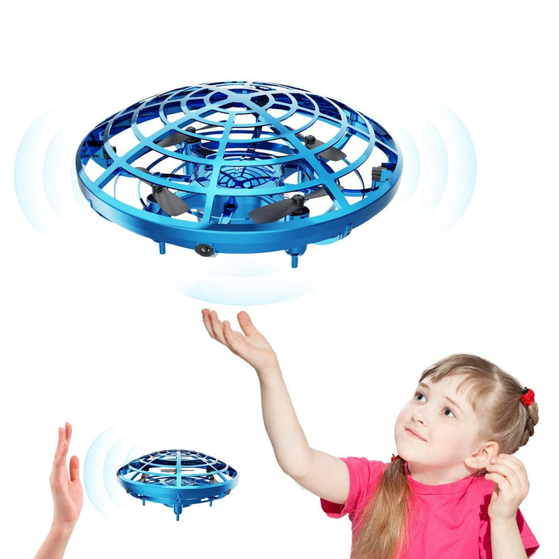 DEERC mini drone, blue circular frame with central propeller guards