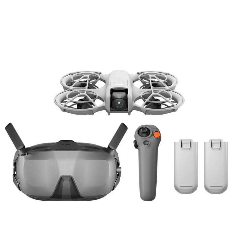 DJI Neo drone with prop guards, goggles, motion controller, and two white batteries