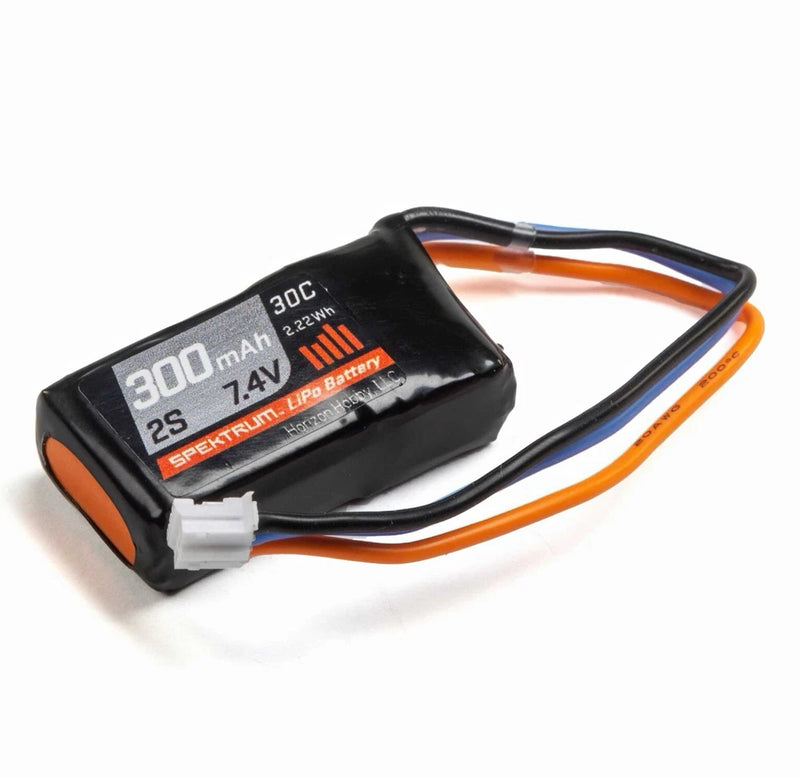 Spektrum 2S 300mAh 7.4V 30C LiPo RC battery pack with orange and black leads