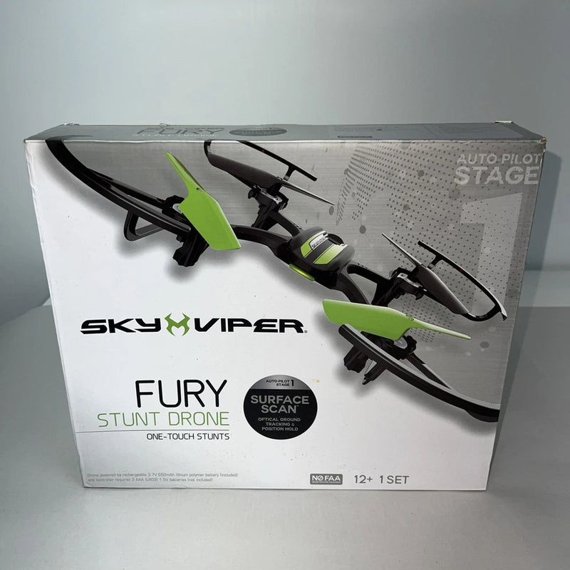 Sky Viper Fury stunt drone retail box with green and black drone illustration