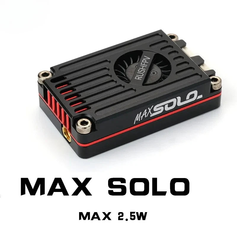 Black MAX SOLO video transmitter with heatsink fan and MAX 2.5W label