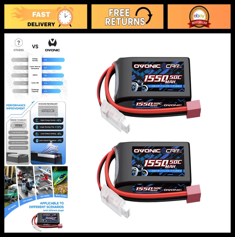 3S 11.1V 1500mAh 50C LiPo Battery for RC Cars - Upgrade Parts, 1/14 & 1/16 Scale Battery