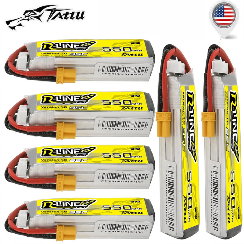 6PC Tattu R-Line 550mAh 11.1V 95C 3S Lipo Battery XT30 For FPV Racing Quadcopter Battery