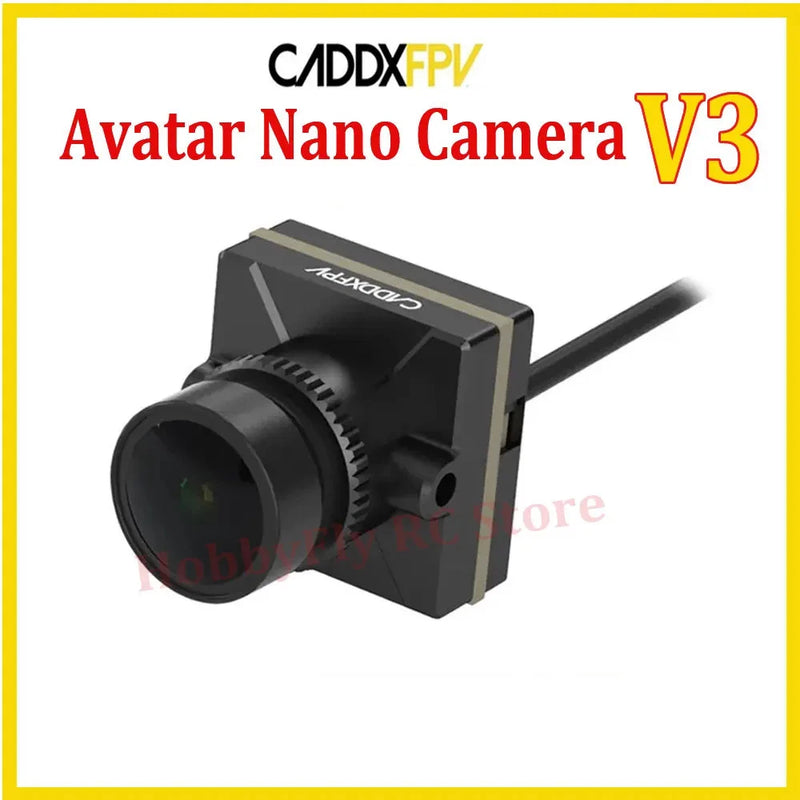 FPV camera module with black cylindrical lens and attached cable