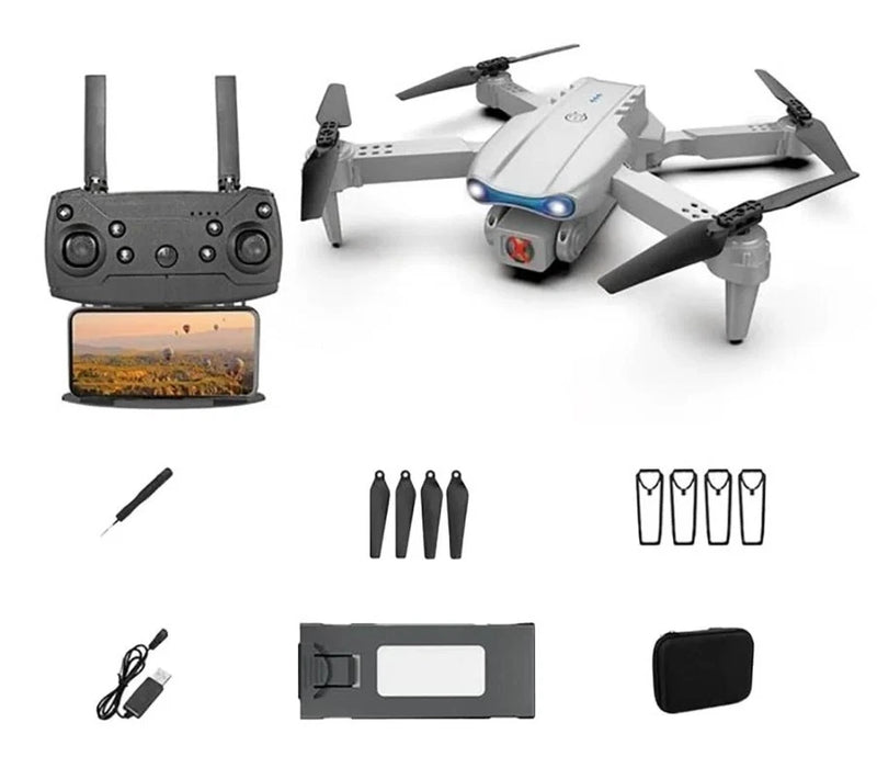 Foldable quadcopter drone with camera and black remote controller with screen