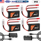 4Pcs 2S 1000mAh 7.4V Lipo Battery SCX24 Batteries 35C PH2.0 & JST Plug w/Charger