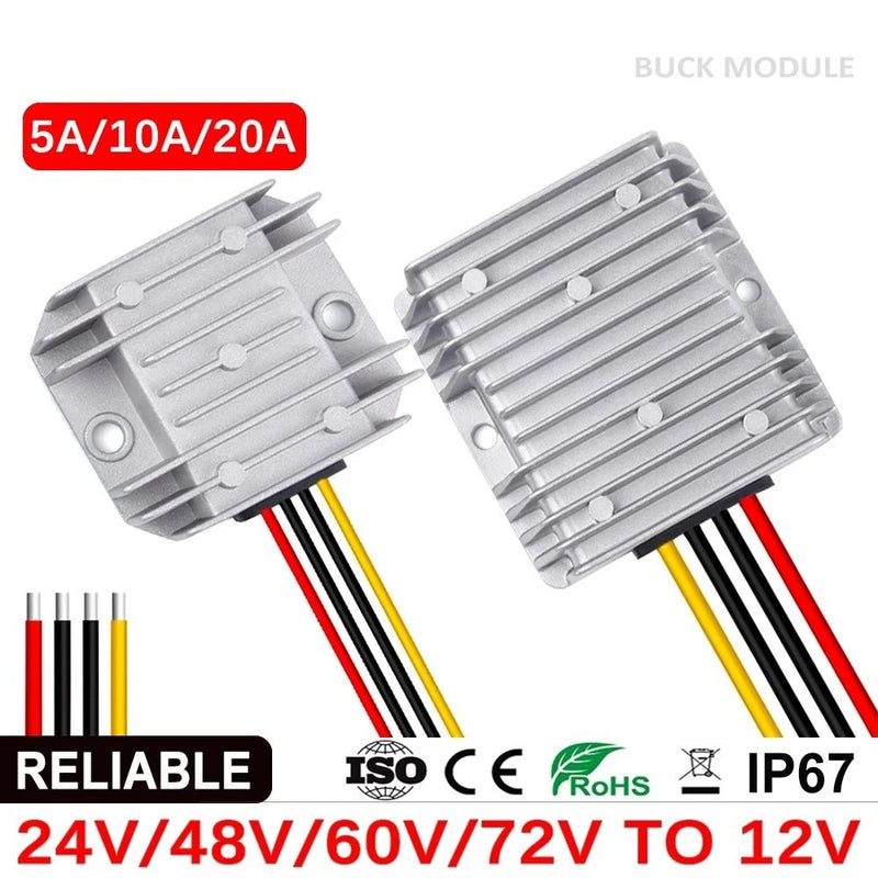 Silver DC buck converter module with 5A/10A/20A rating and multi-wire terminals