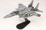 Gray and white 1/72 scale F-15E model aircraft on black display stand, twin fins