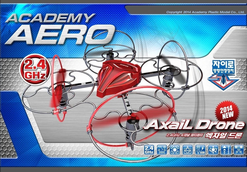 Red 4-channel quadcopter drone with 2.4 GHz controller, shown on package