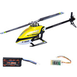 Yellow RC helicopter with black rotor blades; shown with battery pack and control circuit board