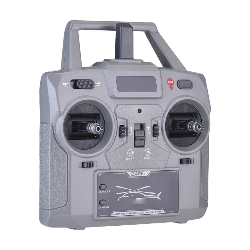 Grey RC helicopter transmitter with screen and two control sticks, 2.4GHz label