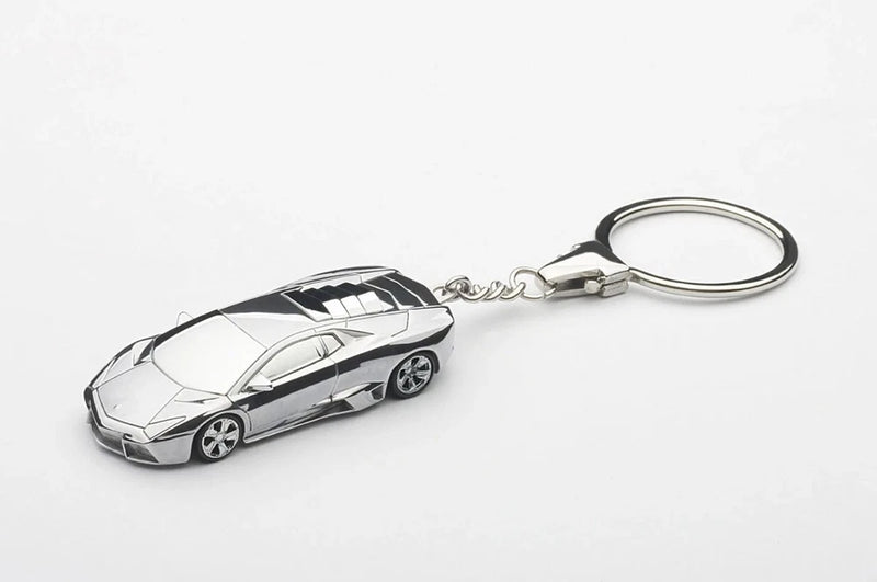 Aluminum model car keychain with silver supercar and metal keyring, front-left view