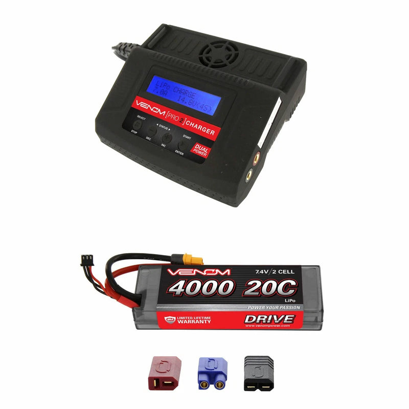 Venom 20C 2S 4000mAh 7.4V LiPo Battery with Pro 2 Charger Combo Battery