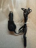Black auto charger plug with attached power cord and 2-pin connector