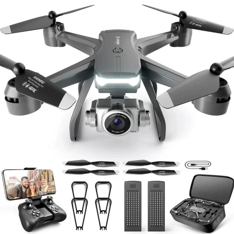 Foldable gray quadcopter drone with front 4K dual camera, plus remote and charging case