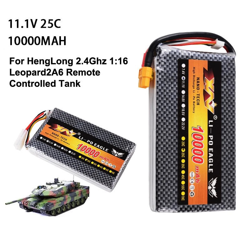 1x 11.1V 10000Mah Lipo Battery XT60 for Henglong Leopard2A6 1/16 RC Tank 3889 Battery