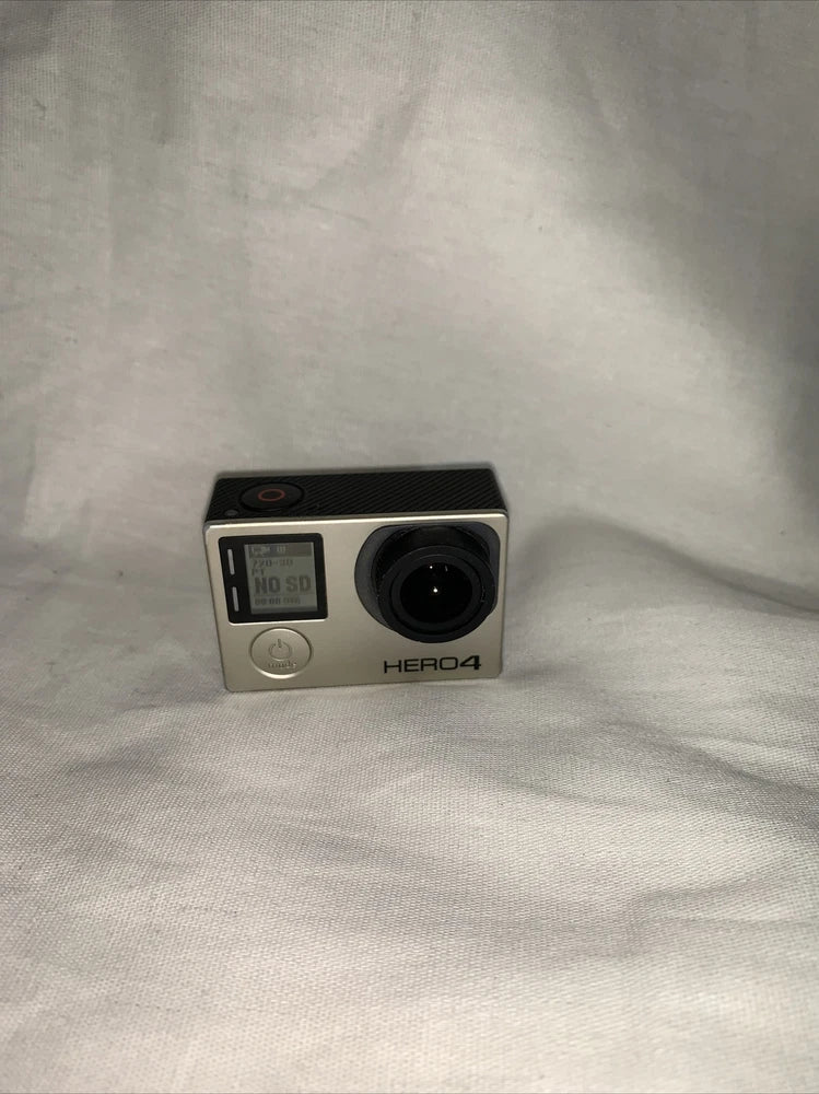 GoPro HERO4 action camera with front lens, screen, and SD card slot on silver body