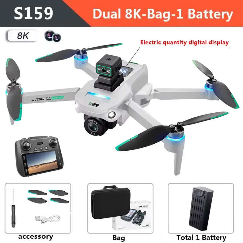 White quadcopter drone with dual cameras, screen controller, and four propellers
