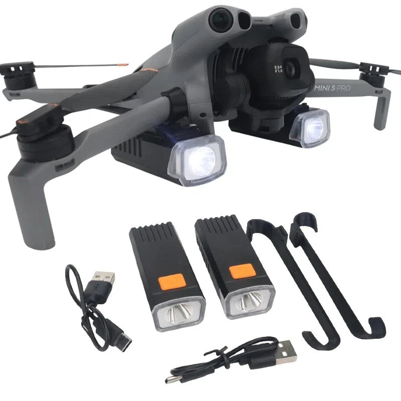 Drone searchlight spotlight accessory set with two LED lights and charging cables