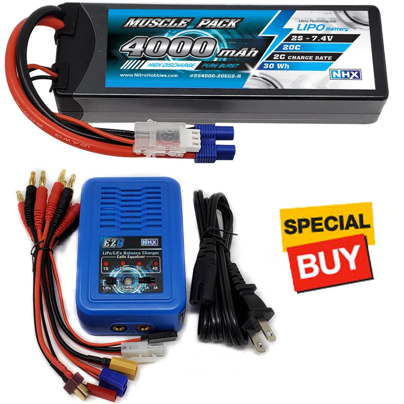 NHX Muscle Pack 2S 7.4V 4000mAh 20C Hard Case Lipo Battery w/ EC3 / EZ6 Charger Battery