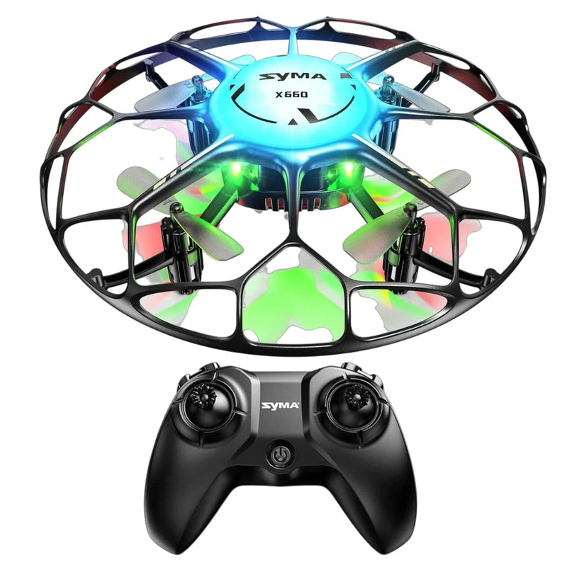 Kids remote control drone with blue body, color lights, and black controller.