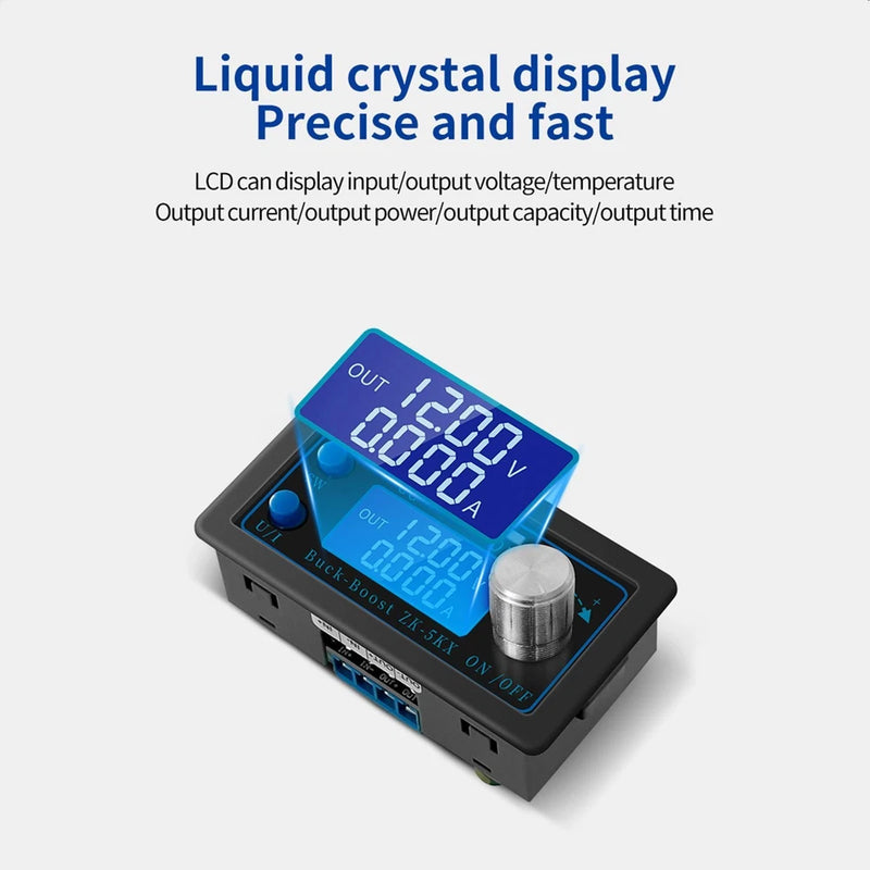 DC buck-boost converter module with blue LCD display and input/output terminal ports
