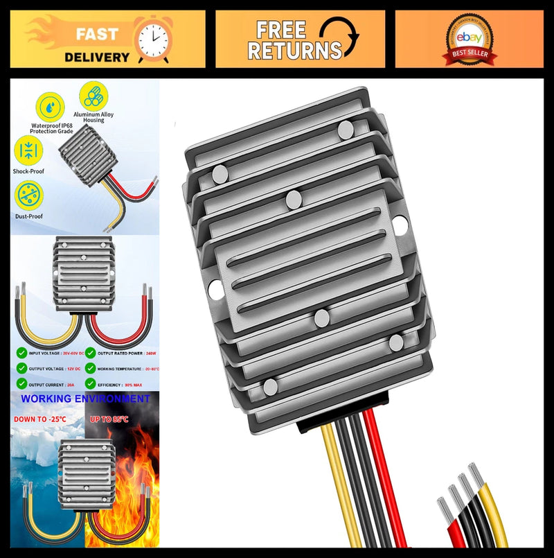 36V/48V to 12V 20A DC Step Down Converter Regulator Power Supply Module for Vehi
